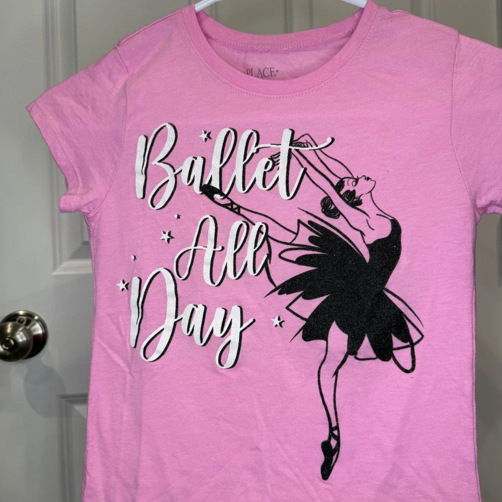 The Childrens Place‎ Girls Pink Glitter Ballerina Graphic Tee Size M 7/8